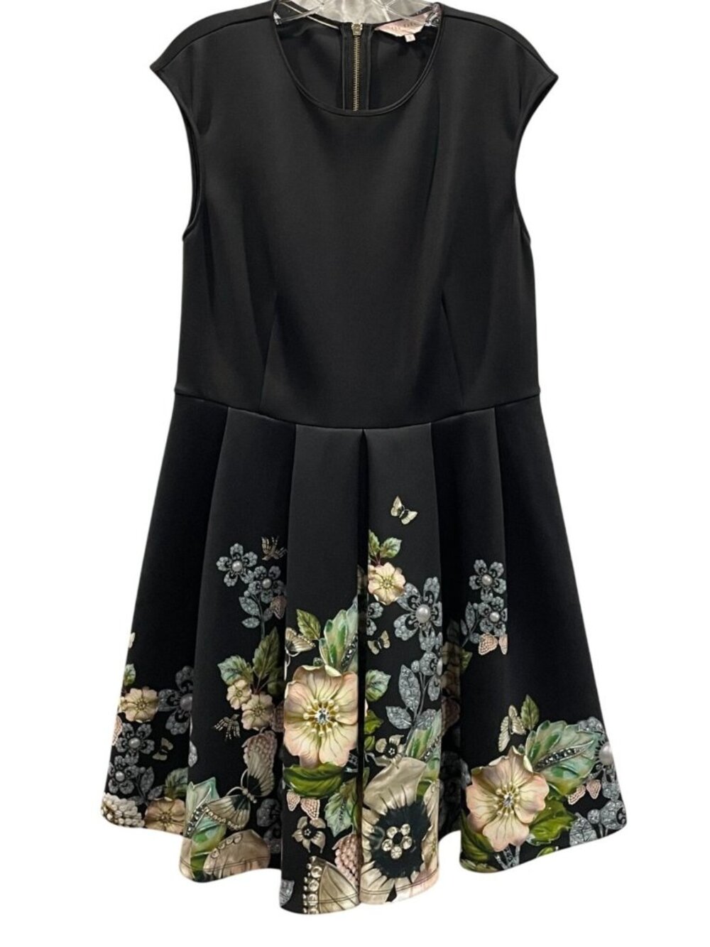 Ted Baker Queset Gem Garden Skater Dress L Black Floral Fairy Feminine Romantic